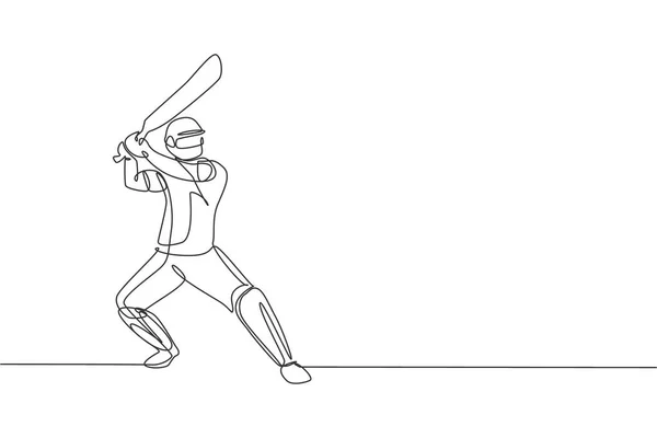 Dessin Ligne Unique Continu Jeune Joueur Cricket Homme Agile Debout — Image vectorielle