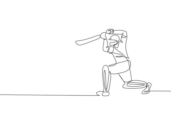 Een Enkele Lijn Tekening Van Jonge Energieke Man Cricket Speler — Stockvector