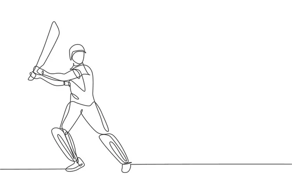 Eine Durchgehende Linienzeichnung Einer Jungen Glücklichen Cricketspielerin Die Steht Den — Stockvektor