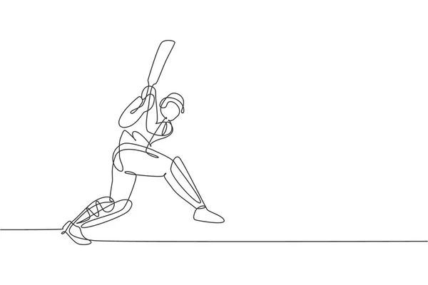 若い精力的な男クリケット選手を描く1つのシングルラインは ホームラングラフィックベクトルイラストを作るためにボールを打ちました スポーツの概念 クリケット競技用バナーのための近代的な連続線描画デザイン — ストックベクタ