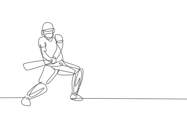 Jednoduchá Souvislá Kresba Mladého Hbitého Hráče Kriketu Který Připraven Zasáhnout — Stockový vektor