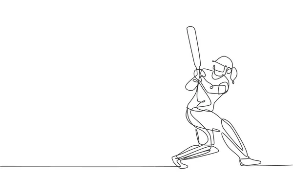 Один Безперервний Малюнок Молодої Жінки Крикет Гравець Фокусується Гойдалках Крикет — стоковий вектор