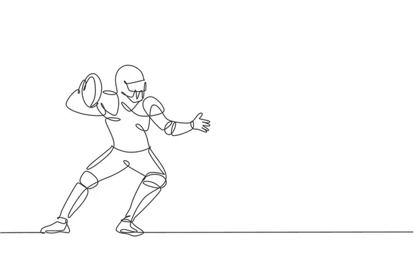 Одинарна Безперервна Лінія Малювання Молодого Гнучкого Чоловіка Американського Футболіста Позиція — стоковий вектор