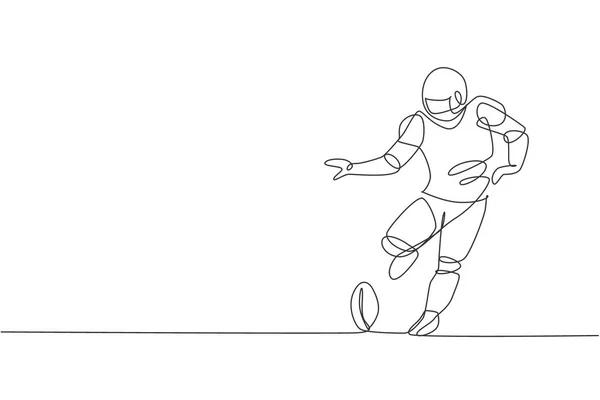 Disegno Linea Continua Giovane Giocatore Football Americano Sportivo Che Calcia — Vettoriale Stock