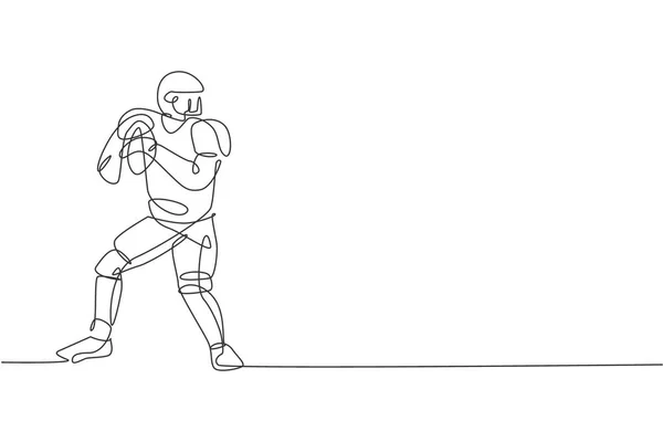 一位年轻快乐的美式足球运动员持球并准备将球传给比赛海报的连续线条绘图 体育团队合作的概念 动态单行绘图设计矢量说明 — 图库矢量图片