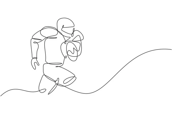一个连续的线条画年轻的肌肉男子美国足球运动员跑和举行的球比赛海报 体育团队合作的概念 动态单行绘图设计矢量说明 — 图库矢量图片