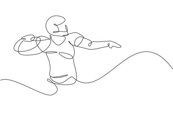 Одна сплошная линия рисует молодого могущественного американского футболиста, позирующего, чтобы передать мяч на конкурс плакатов. Концепция командной работы. Динамическая графическая векторная иллюстрация 