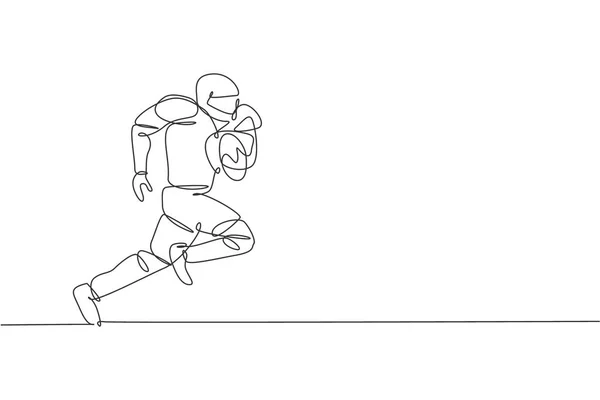 Одна Линия Рисования Энергичный Американский Футболист Бежать Быстро Забить Гол — стоковый вектор