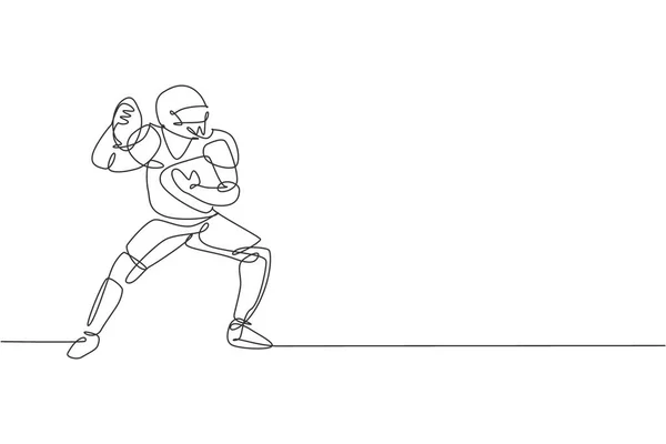 若いスポーティアメリカンフットボール選手の連続ライン図面は 競争のポスターのために彼のチームメイトにボールを渡します スポーツチームワークの概念 ダイナミックシングルラインドローデザインベクトルイラスト — ストックベクタ