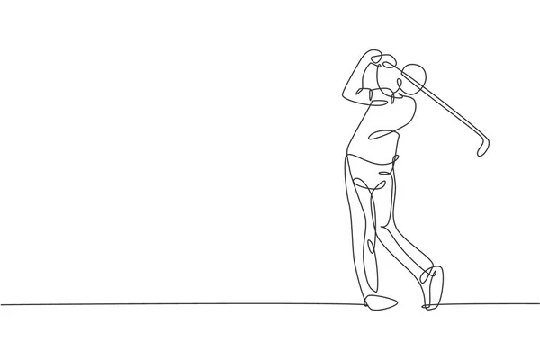 Seul Dessin Ligne Jeune Joueur Golf Sportif Frappé Balle Utilisant — Image vectorielle