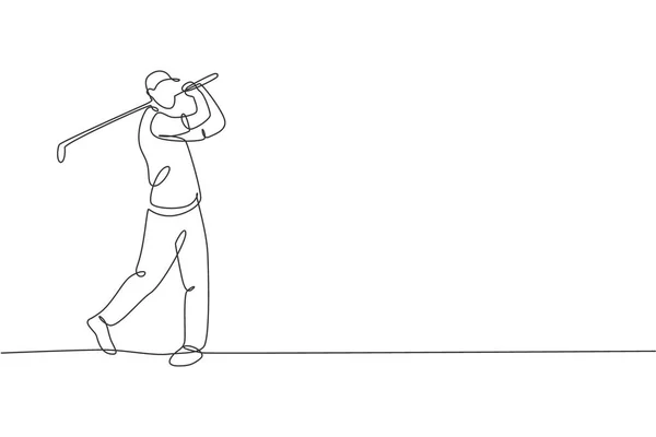 Una Línea Continua Dibujo Joven Jugador Golf Swing Club Golf — Archivo Imágenes Vectoriales