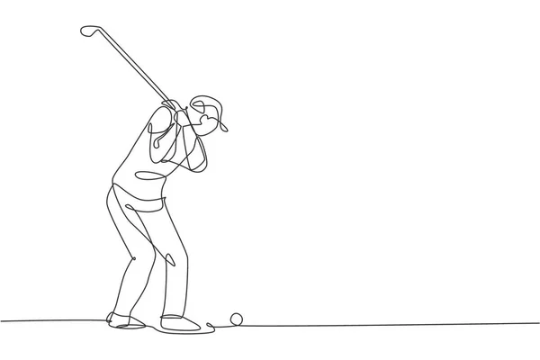 一个连续的直线画的年轻高尔夫球手摆动高尔夫球杆并击中球 休闲体育的概念 竞赛促销媒体动态单行绘图矢量图解 — 图库矢量图片