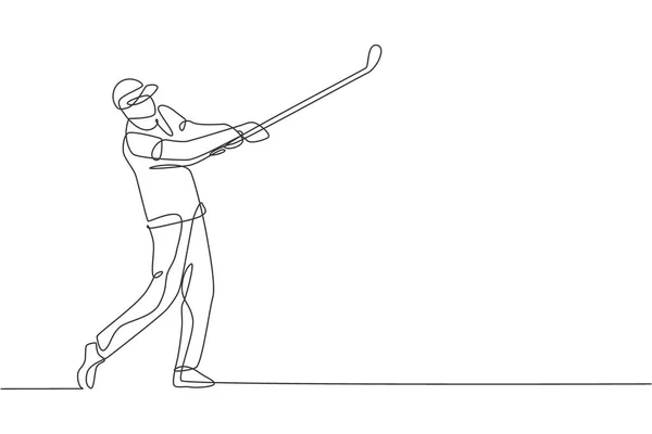 Одна Линия Рисунка Молодой Спортивный Игрок Гольф Ударил Мяч Помощью — стоковый вектор