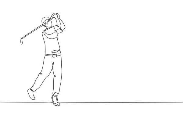 Jeden Rysunek Linii Młody Sportowy Gracz Golfa Uderzył Piłkę Pomocą — Wektor stockowy