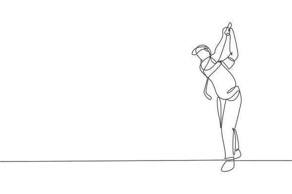 Una Línea Continua Dibujo Joven Jugador Golf Swing Club Golf — Vector de stock