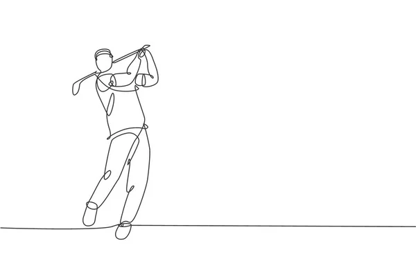 Eine Durchgehende Linienzeichnung Des Jungen Glücklichen Golfspielers Schwingt Den Golfschläger — Stockvektor