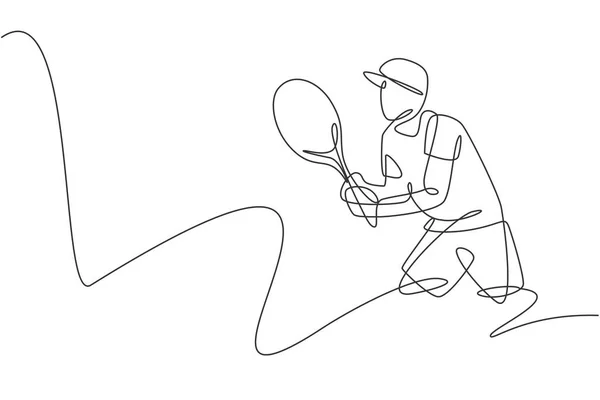 Una Línea Continua Dibujo Joven Jugador Tenis Masculino Concentrándose Para — Archivo Imágenes Vectoriales