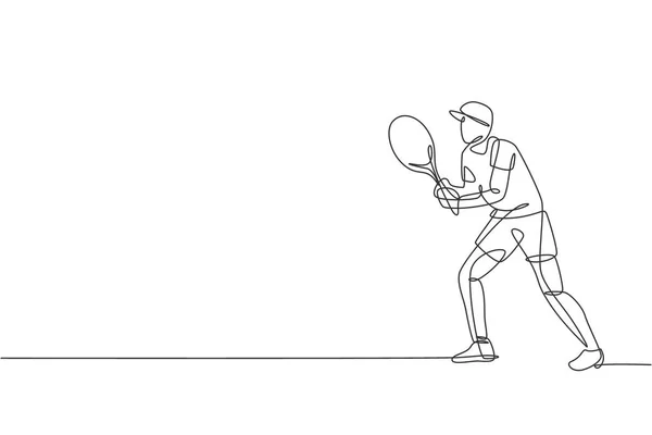 Single Continuous Line Drawing Young Agile Tennis Player Concentrate Hit — Stock Vector