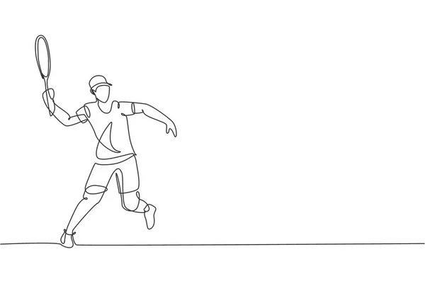 Eine Einzige Linie Zeichnet Junge Energische Mann Tennisspieler Traf Den — Stockvektor