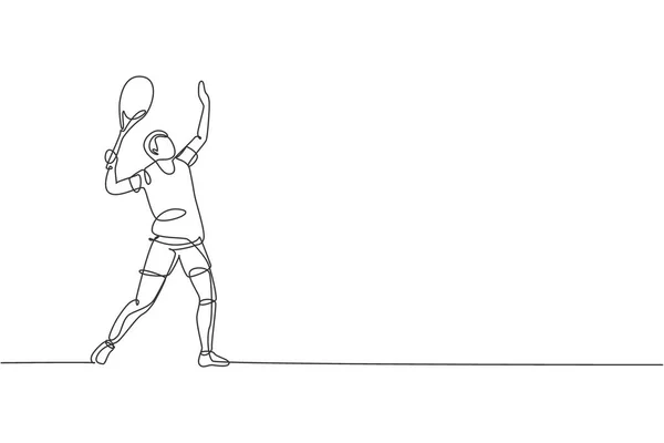 Una Sola Línea Continua Dibujo Joven Jugador Tenis Ágil Prepara — Archivo Imágenes Vectoriales