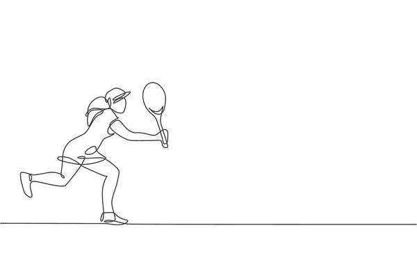 Uma Única Linha Desenho Jovem Tenista Enérgico Bateu Bola Ilustração — Vetor de Stock