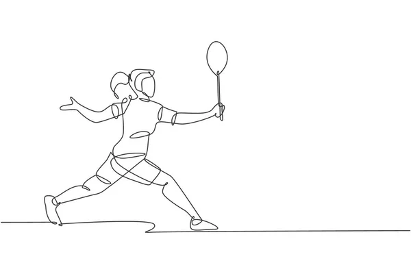 One Single Line Drawing Young Energetic Badminton Player Defense Take — Stock Vector