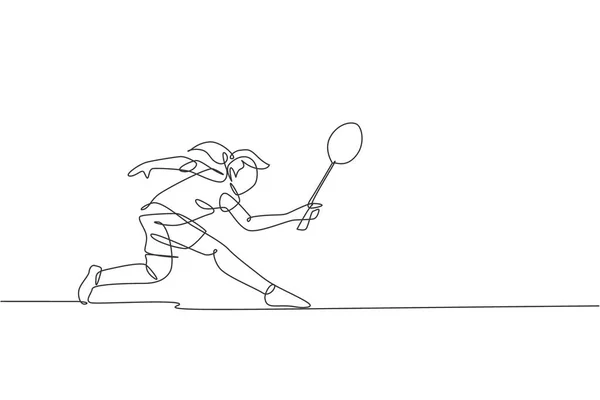 Una Sola Línea Dibujo Defensa Joven Jugador Bádminton Enérgico Ilustración — Archivo Imágenes Vectoriales