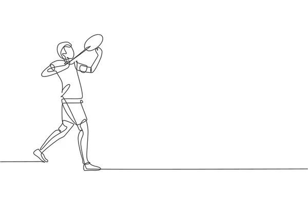 Один Непрерывный Рисунок Линии Молодого Бадминтона Готового Ударить Ракеткой Шаттлу — стоковый вектор