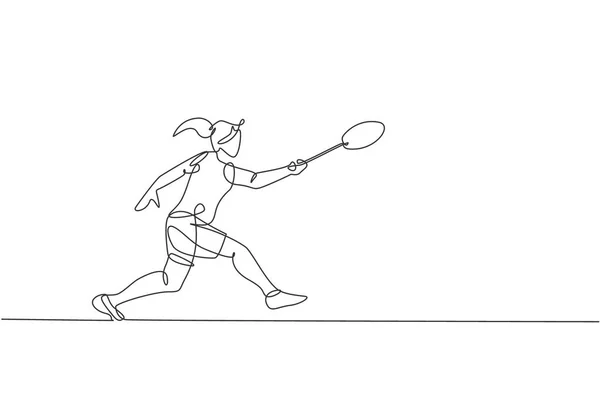 Een Continue Lijn Tekening Van Jonge Badminton Speler Hit Shuttlecock — Stockvector
