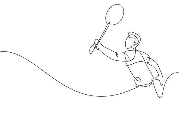 Seul Dessin Ligne Continu Jeune Joueur Badminton Agile Frappé Shuttlecock — Image vectorielle