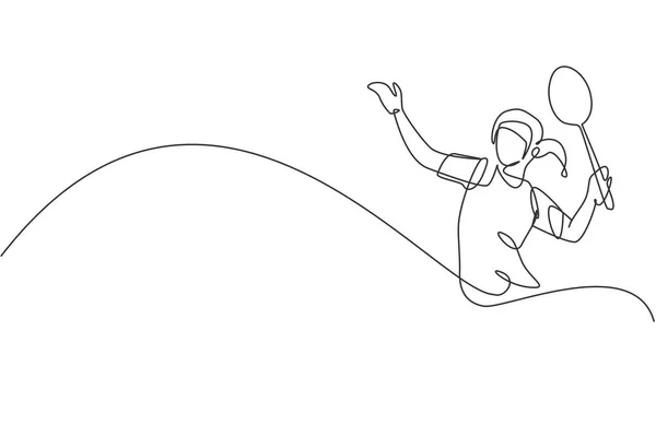 Dibujo Una Sola Línea Joven Jugador Bádminton Enérgico Saltando Aplastar — Archivo Imágenes Vectoriales