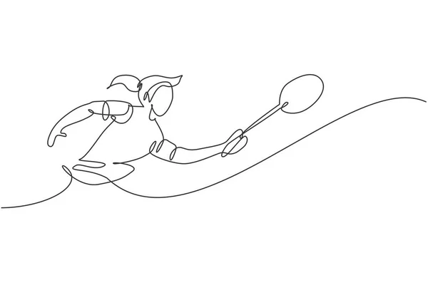 Una Línea Continua Dibujo Del Joven Jugador Bádminton Golpeó Shuttlecock — Archivo Imágenes Vectoriales