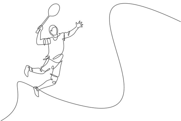 Один непрерывный рисунок линии молодых ловких игроков в бадминтон прыжок попал в шаттл. Спортивные упражнения. Модная векторная иллюстрация дизайна одной линии для СМИ, публикующих соревнования по бадминтону