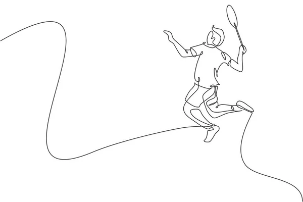 若い精力的なバドミントン選手ジャンプやスマッシュシャトルクロックベクトルイラストの1つのライン図面 健康的なスポーツの概念 バドミントントーナメントポスターのためのモダンな連続線描画デザイン — ストックベクタ