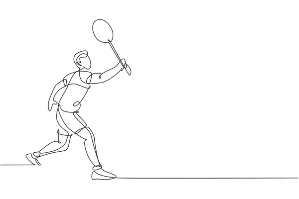 Dessin Continu Jeune Joueur Badminton Frappé Shuttlecock Avec Raquette Concept — Image vectorielle