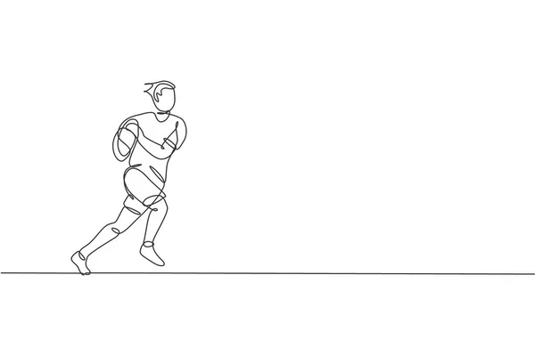 Jedna Jednořádková Kresba Mladého Energického Ragbyového Hráče Běžícího Držícího Vektorovou — Stockový vektor