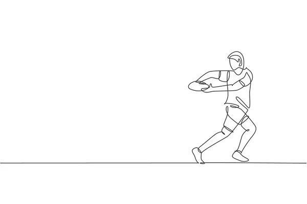 Una Línea Continua Dibujo Joven Jugador Rugby Macho Atrapar Pelota — Vector de stock