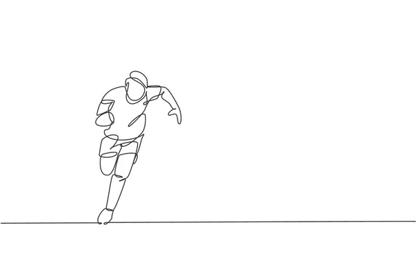 少年ラグビー選手の連続線描1本が走りボールを握る 競争力のある積極的なスポーツコンセプト ダイナミックシングルラインは トーナメントプロモーションメディアのためのデザインベクターイラストを描く — ストックベクタ