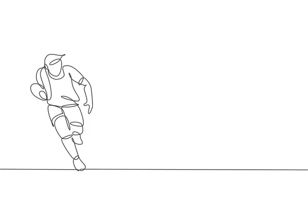 Dibujo Línea Única Continua Joven Jugador Rugby Ágil Corriendo Para — Vector de stock
