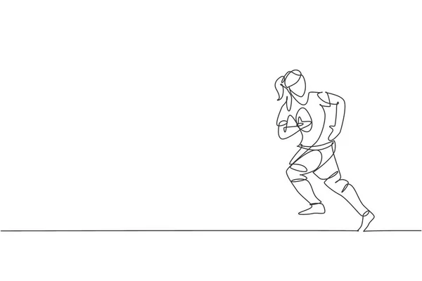Eine Einzige Linienzeichnung Eines Jungen Energischen Rugbyspielers Der Läuft Und — Stockvektor