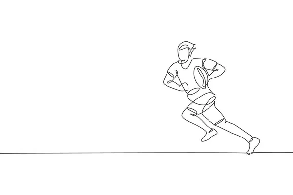 Una Sola Línea Dibujo Joven Jugador Rugby Masculino Enérgico Corriendo — Archivo Imágenes Vectoriales