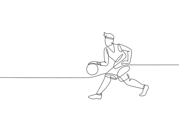 One Continuous Line Drawing Young Basketball Player Running Dribbling Ball — Stock Vector