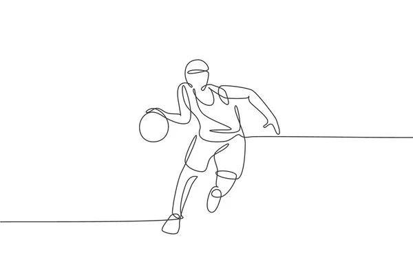 Singolo Disegno Linea Continua Giovane Giocatore Basket Agile Dribbling Palla — Vettoriale Stock
