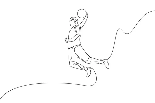 Una Sola Línea Dibujo Joven Jugador Baloncesto Enérgico Slam Dunk — Vector de stock