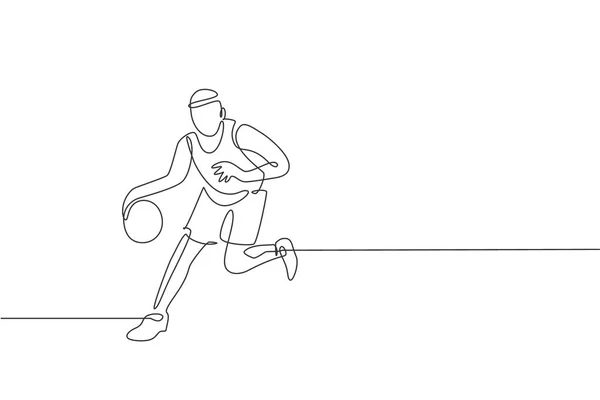 Una Línea Continua Dibujo Joven Jugador Baloncesto Practicando Entrenando Campo — Archivo Imágenes Vectoriales