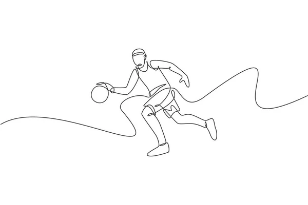 若い健康なバスケットボール選手の単一の連続線画はボールをドリブル 競技の概念 トレンド1ラインは バスケットボールトーナメントプロモーションメディアのための設計ベクトルイラストを描く — ストックベクタ