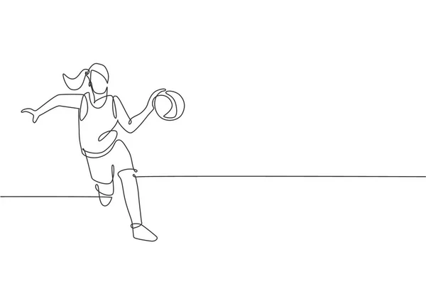 Uma Linha Contínua Desenho Jogador Mulher Basquete Jovem Correndo Driblando — Vetor de Stock