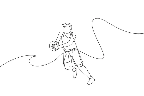 Enda Linje Ritning Ung Energisk Basket Manliga Spelare Fångar Bollen — Stock vektor