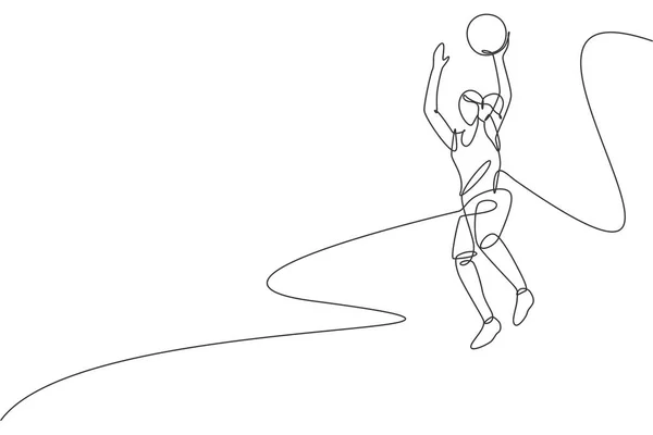 Single Continuous Line Drawing Young Healthy Basketball Female Player Jumping — Stock Vector