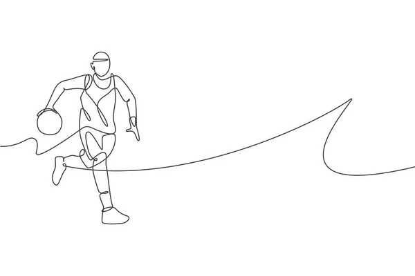Eine Einzelne Linienzeichnung Eines Jungen Energischen Basketballspielers Der Vektor Illustration — Stockvektor